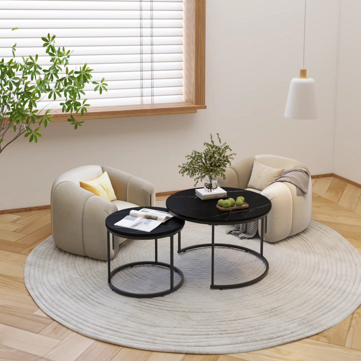 Un juego de mesas de centro nido, mesa de centro redonda de 27.6 pulgadas, superficie de mesa de madera con patrón de mármol, estructura de metal resistente (negro)