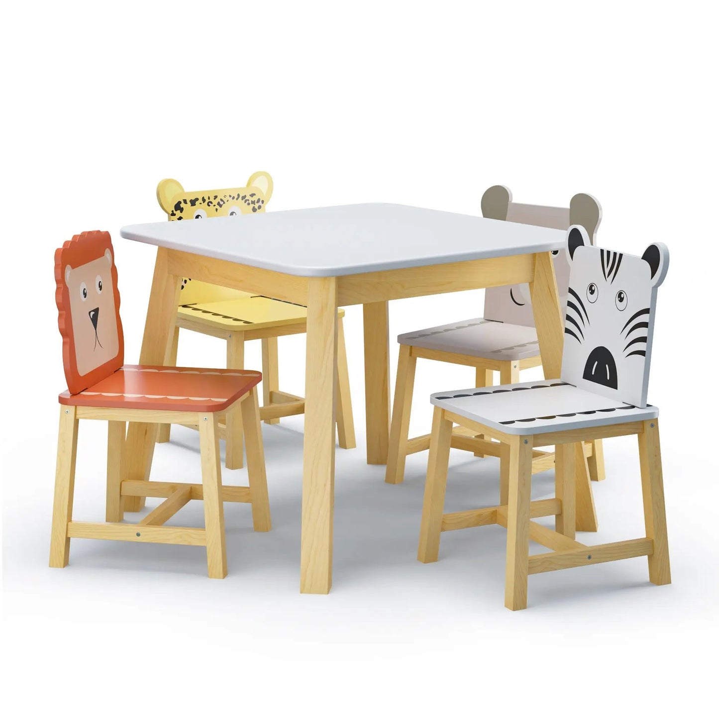 5 Piece Kiddy Table and Chair Set Wood with animal chairs zebra leopard tiger around gray top on Tampa Home & Garden Store