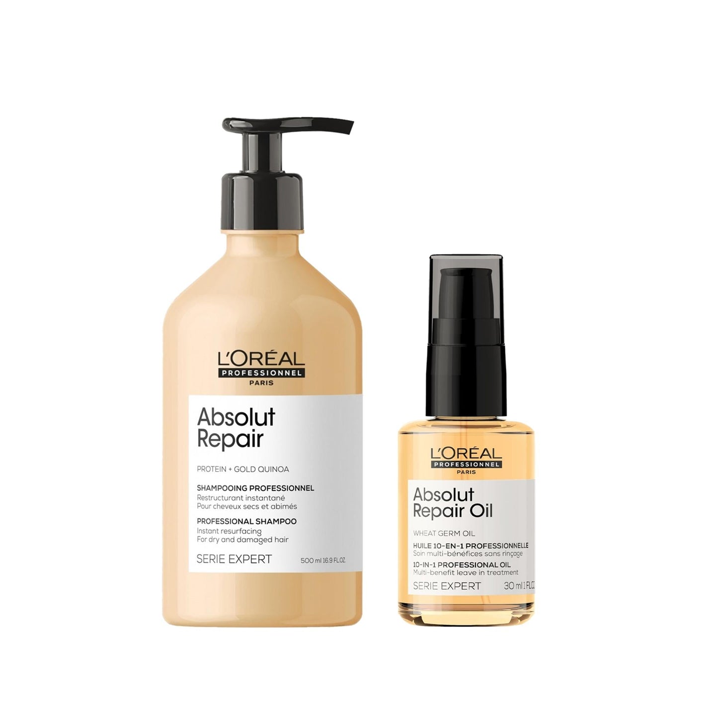 Absolut Repair Shampoo & Oil duo by L’Oréal Professionnel in beige bottle and mini amber oil bottle on Tampa Home & Garden Store
