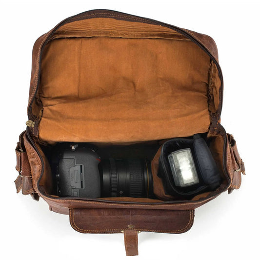 Goat leather camera bag, brown exterior with tan interior, DSLR and flash inside on Tampa Home & Garden Store