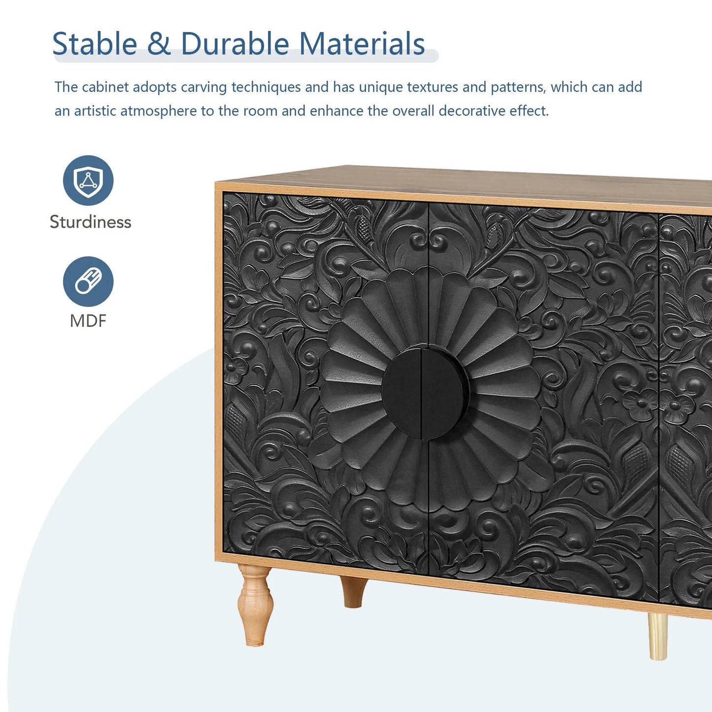 Diseño simétrico tallado en negro para puerta y marco de color madera para mesa de soporte de TV, sala de estar, entrada