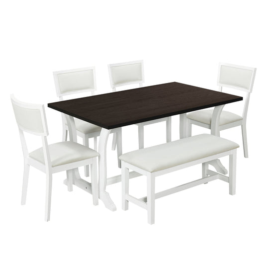 TOPMAX Farmhouse 6-Piece Trestle Dining Table Set with Upholstered Dining Chairs and Bench 59inch, White