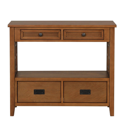 36-inch farmhouse pine console table with two drawers and black knobs on Tampa Home & Garden Store