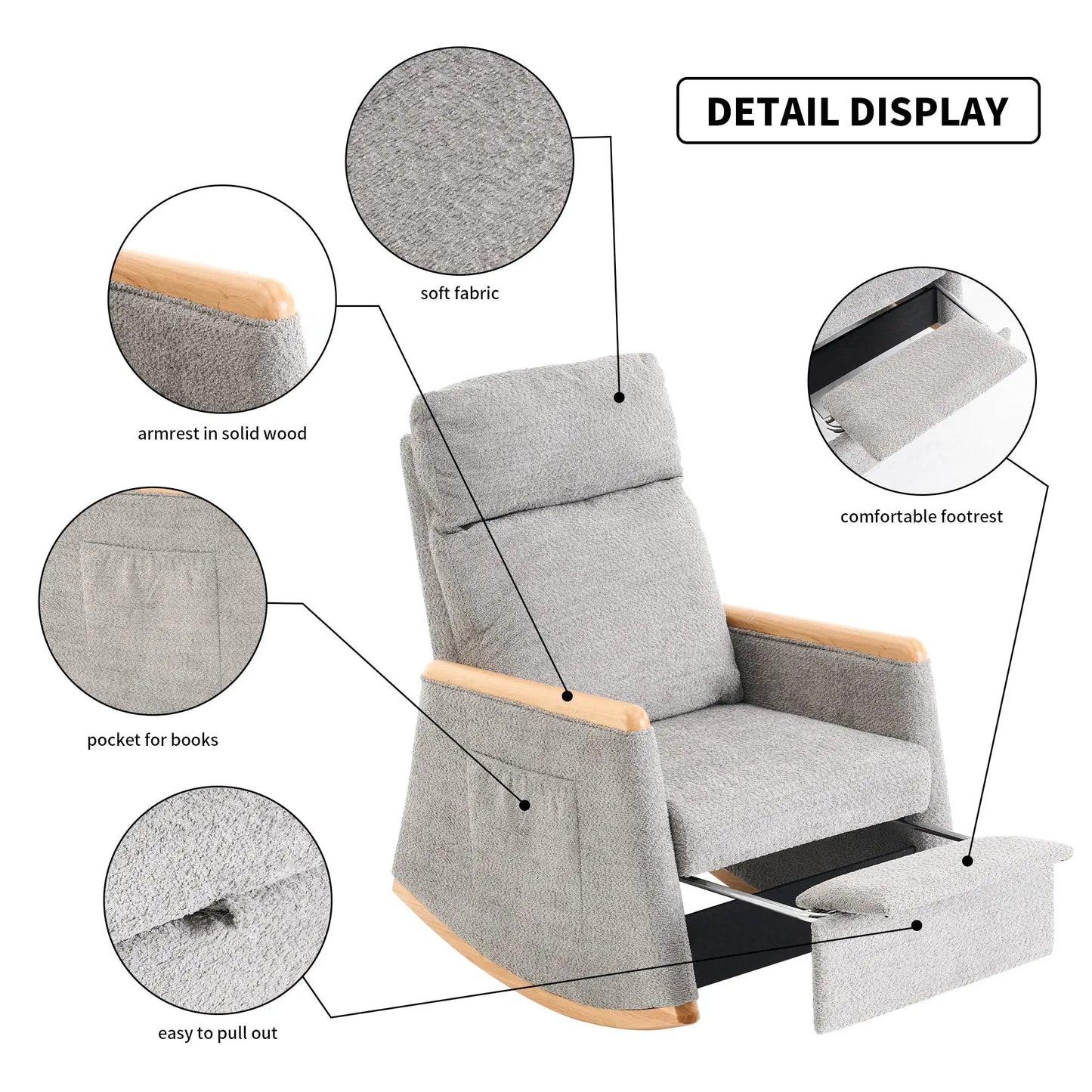 Accent rocking chair with footrest in rubber wood, gray fabric, wood armrests, pocket for books on Tampa Home & Garden Store