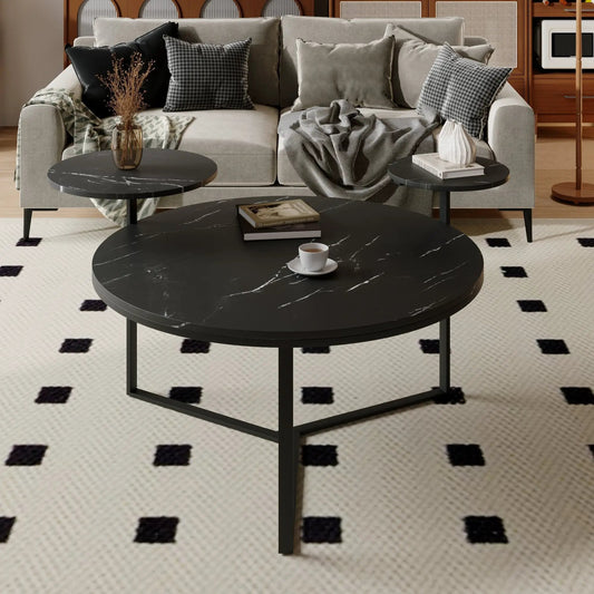 Modern coffee table set: two round black marble-top tables on slim metal frames on Tampa Home & Garden Store