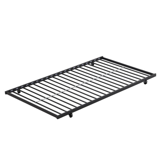 Black metal twin bunk bed frame with trundle, slatted base and caster wheels on Tampa Home & Garden Store