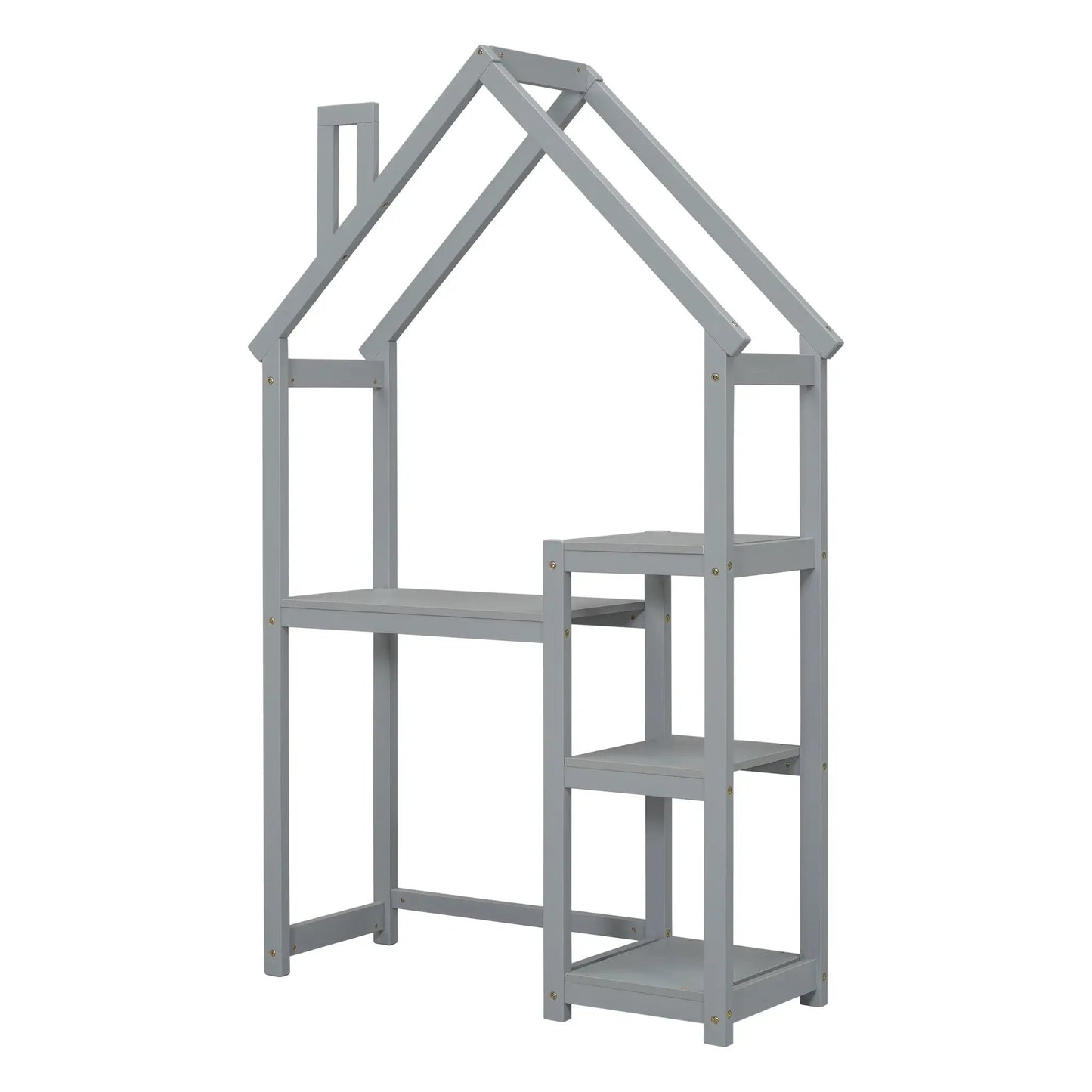 House-shaped wooden writing desk for kids in grey with built-in shelf storage on Tampa Home & Garden Store