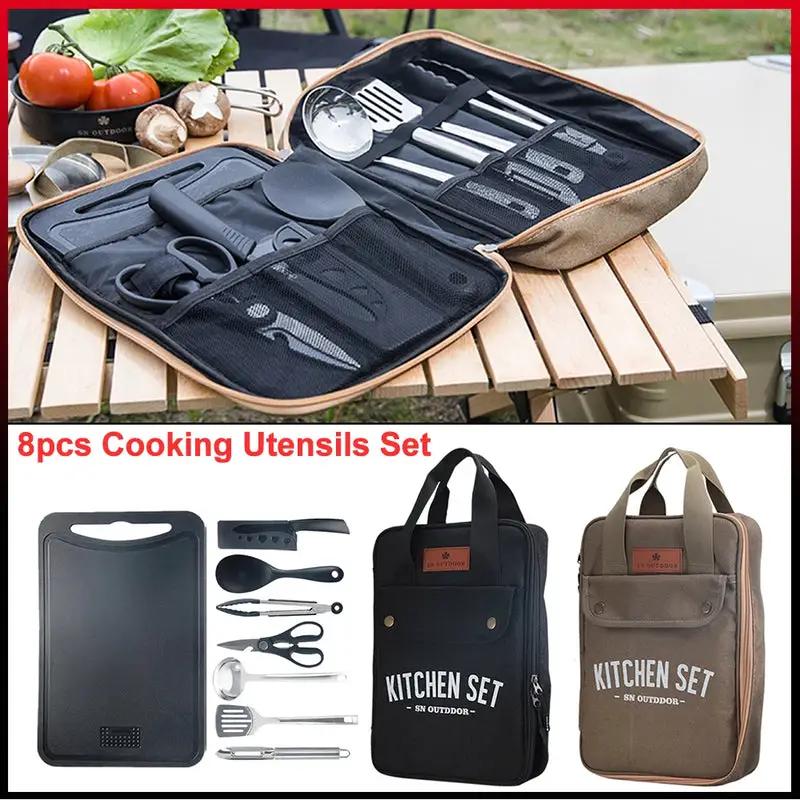 Juego de cocina para camping de 8 piezas Kit de utensilios de cocina para exteriores de acero inoxidable Herramienta de camping Juego de viaje y bolsa de almacenamiento organizadora de utensilios