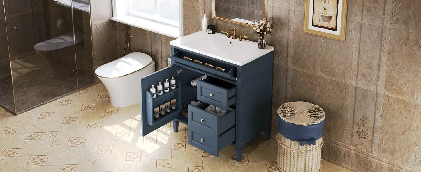 Blue 30 inch single-sink bathroom vanity with white top and doors and drawers for storage on Tampa Home & Garden Store