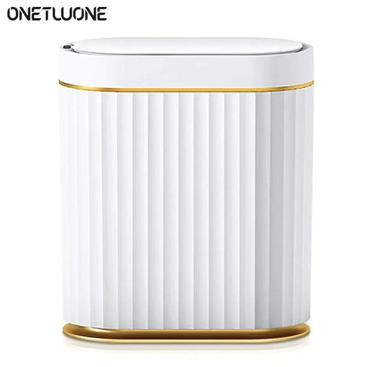 Touchless Sensor Trash Can with Lid, white ribbed body, gold trim VIP Digital Presence on Tampa Home & Garden Store