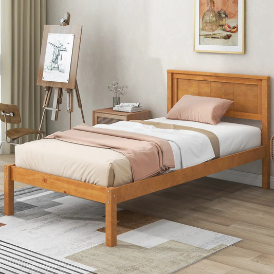 Platform Bed Frame with Headboard Slat Support in natural wood finish on Tampa Home & Garden Store
