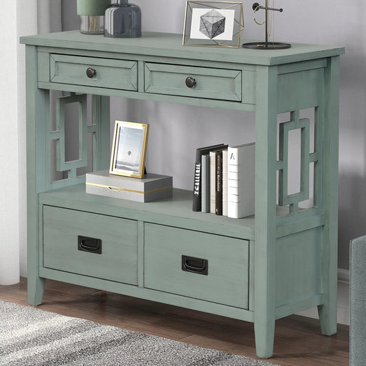 36-inch farmhouse pine console table with two drawers in sage green with dark metal pulls on Tampa Home & Garden Store