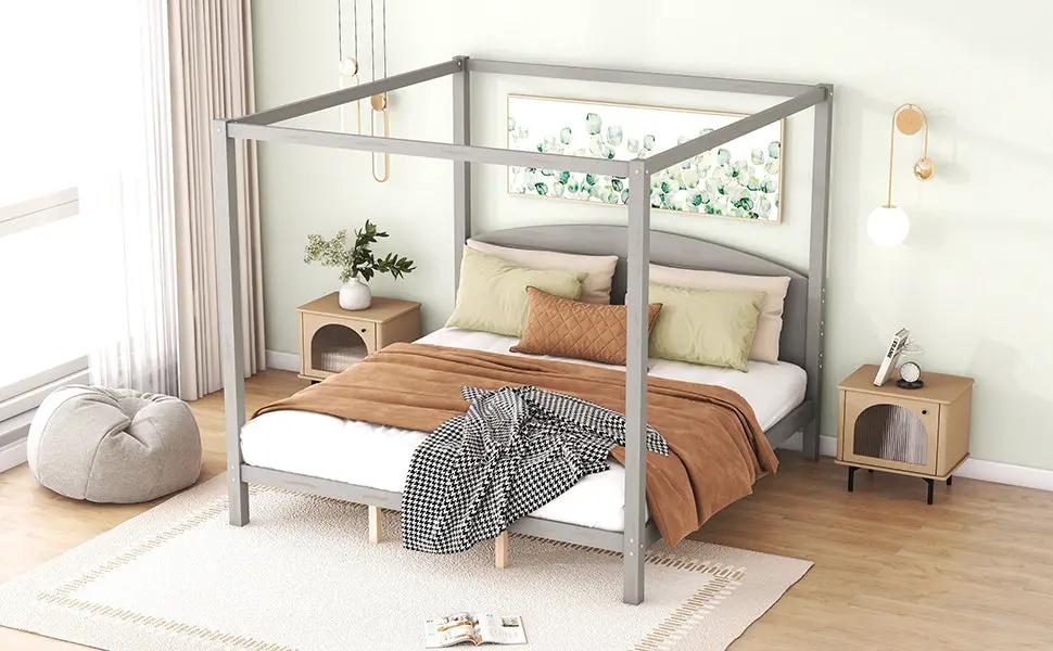 Cama con dosel King Size con cabecero y patas de soporte, acabado gris lavado