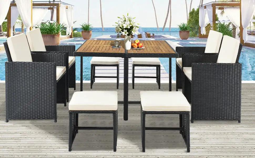 Juego de comedor TOPMAX para patio de 9 piezas de mimbre PE para todo clima con tablero de madera, ratán negro + cojín beige