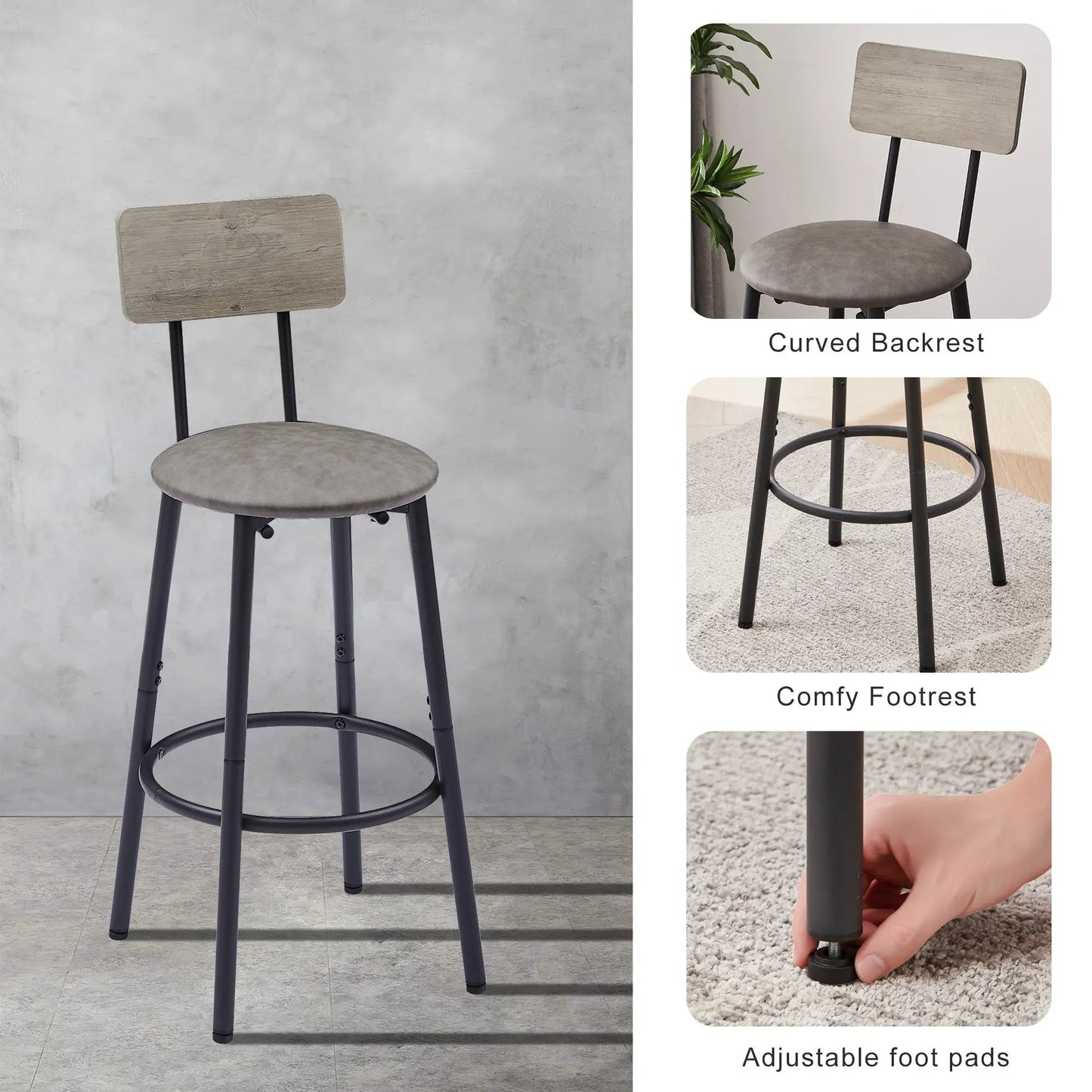 Ensemble table de bar avec 2 tabourets de bar, siège souple en PU avec dossier, Gris 110 cm (L) x 40 cm (l) x 90 cm (H)