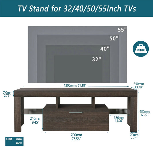 Soporte de TV moderno, sencillo, marrón, de montaje rápido en 20 minutos, con luces LED de colores cambiantes para sala de estar