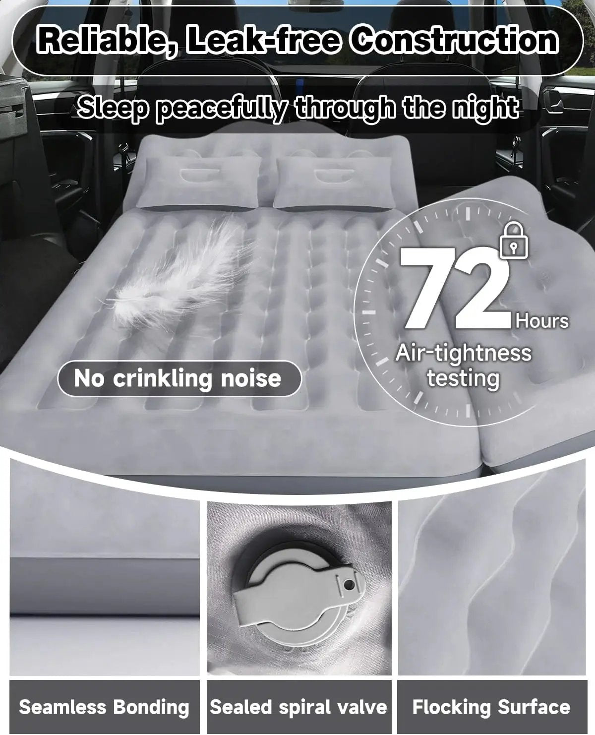 Umbrauto car air mattress 75cm SUV wide, gray flocked surface with seamless bonding on Tampa Home & Garden Store