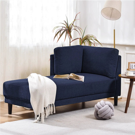 65-inch mid-century linen fabric corner chair in navy blue with two back cushions on Tampa Home & Garden Store