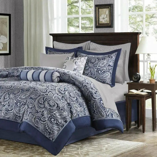 California King Navy Reversible Microfiber Comforter Set with paisley and shams on bed on Tampa Home & Garden Store