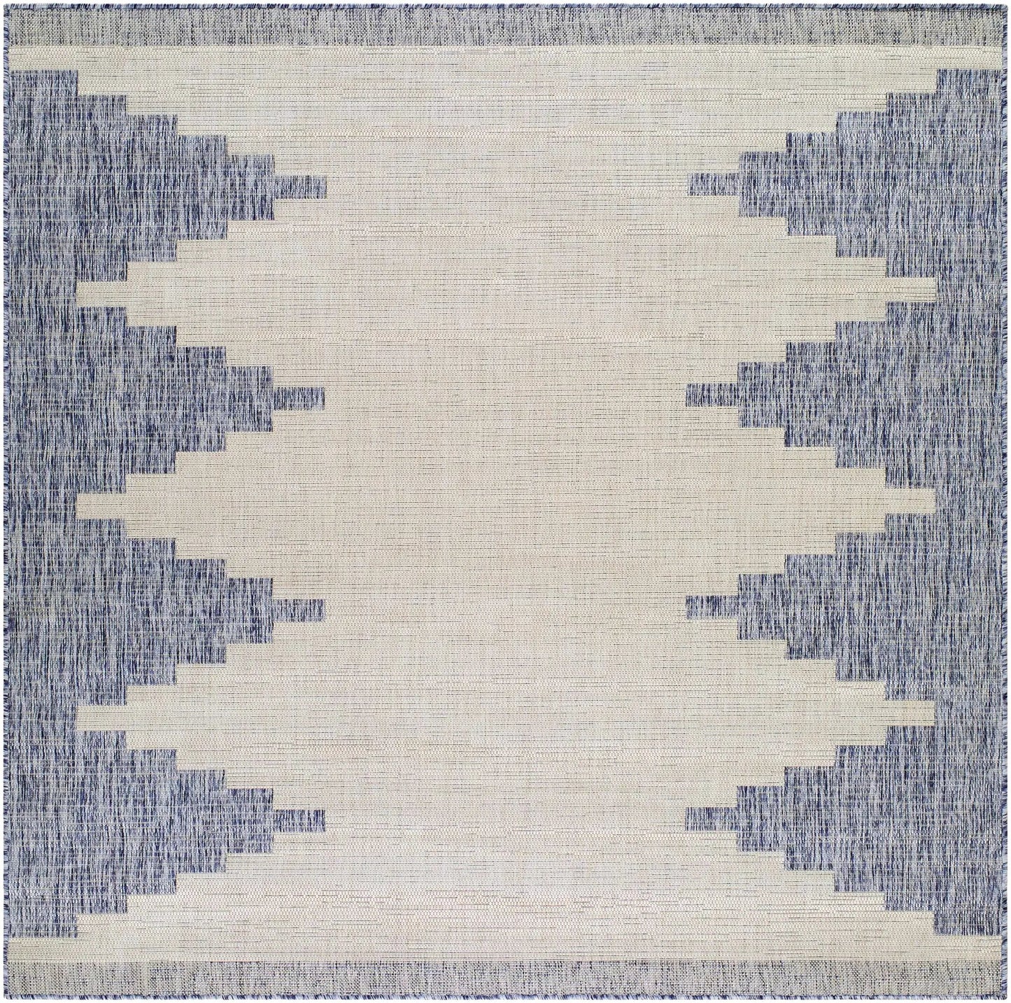 Djugun Blue Outdoor Rug with beige field and navy stepped border motif on Tampa Home & Garden Store