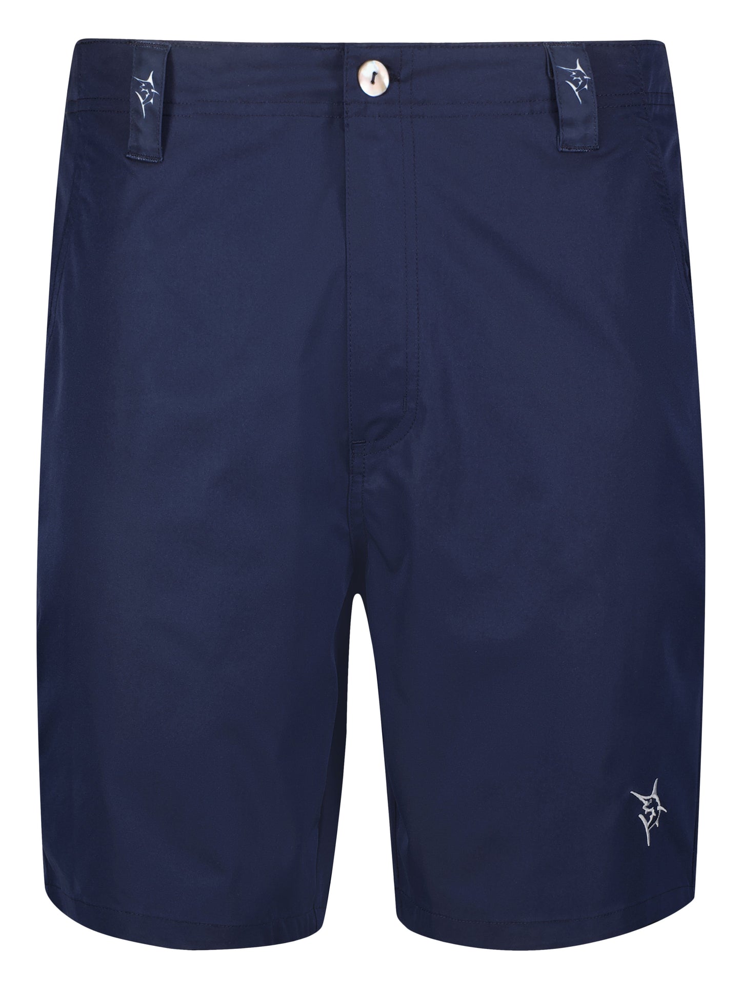 Captain Shorts navy by White Water Life with belt loops, front button, logo on leg on Tampa Home & Garden Store