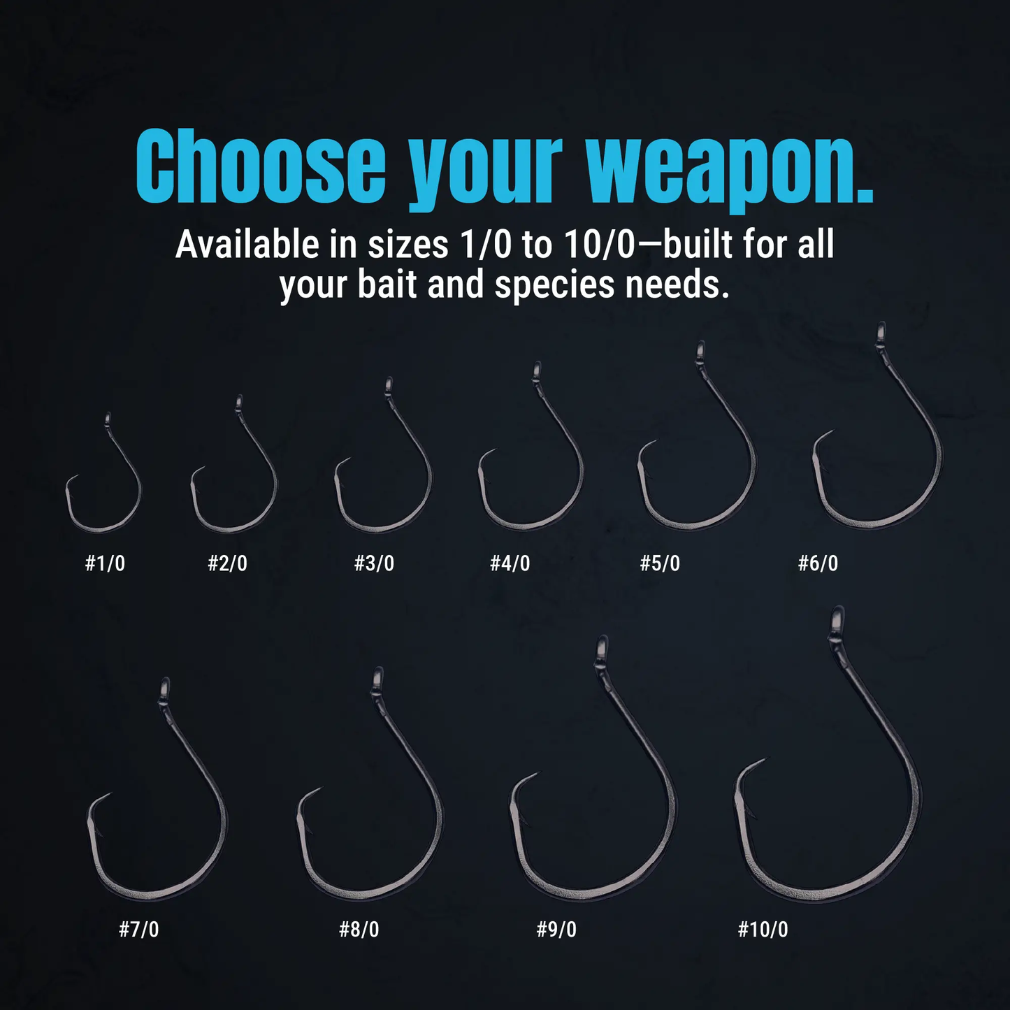 Reaction Tackle heavyweight catfish circle hooks in sizes #1/0 to #10/0, 10-hook display on Tampa Home & Garden Store
