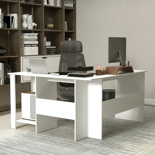 Large modern white L-shaped computer desk with storage shelves on Tampa Home & Garden Store