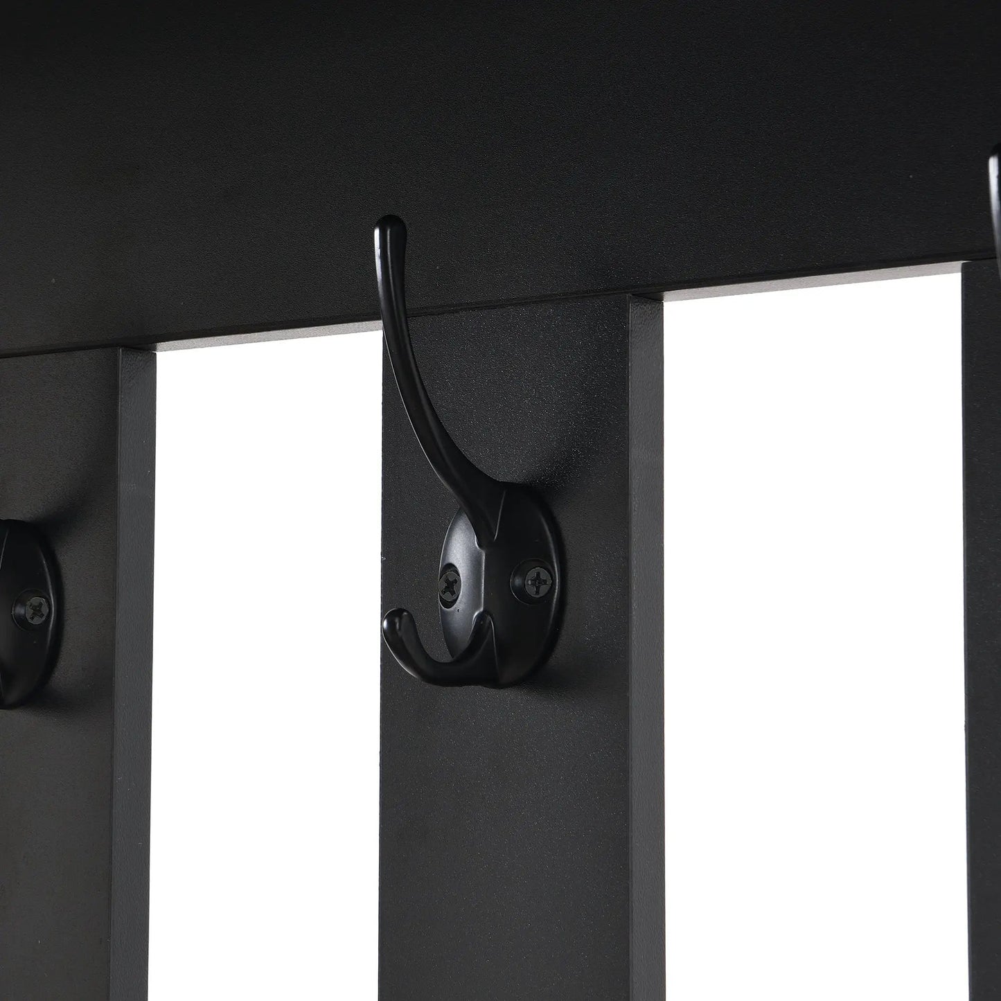 Hall tree with curved black metal hooks on sturdy black posts on Tampa Home & Garden Store