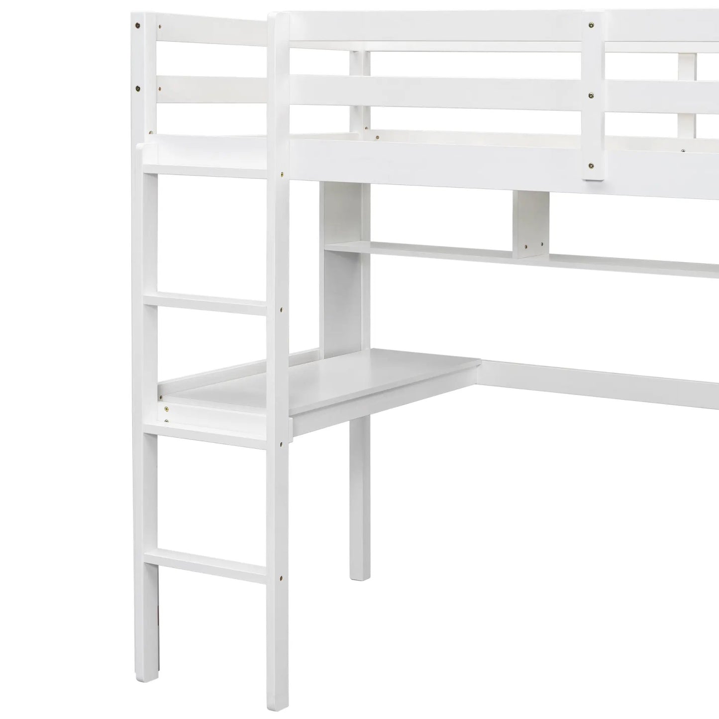 Twin loft bed frame in white with built-in desk and bookcase, ladder and guardrails on Tampa Home & Garden Store