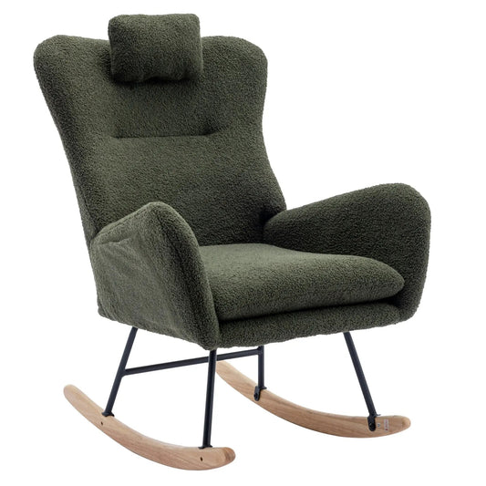 Soft Teddy Fabric Rocking Chair with Pockets in dark olive green, wooden rockers on Tampa Home & Garden Store
