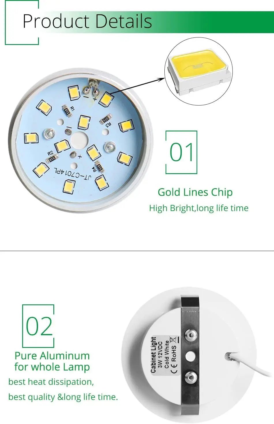 2-pack 12V round LED cabinet light with aluminum housing and gold line chip on Tampa Home & Garden Store