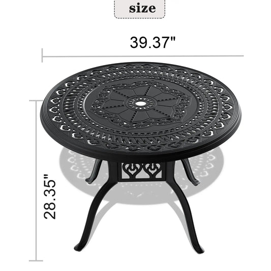 Cast aluminum round patio table 39.37 in diameter with ornate black frame and umbrella hole on Tampa Home & Garden Store