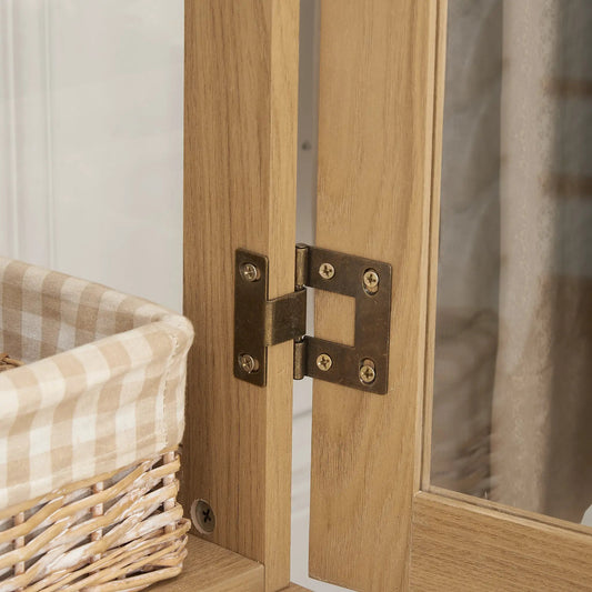 Oak dual door curio cabinet with tempered glass, visible wood grain and metal hinges on Tampa Home & Garden Store