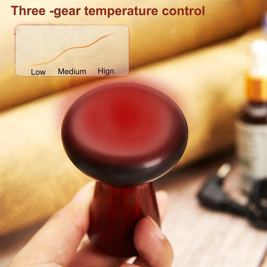 Hot compress bian stone gua sha massager with red stone and wooden handle on Tampa Home & Garden Store