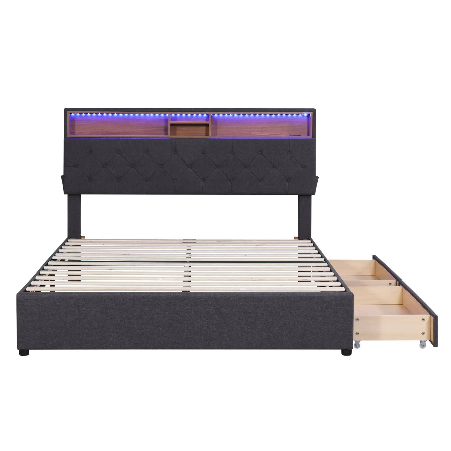 Queen size upholstered platform bed with USB, dark gray fabric, headboard shelf blue LED lights on Tampa Home & Garden Store