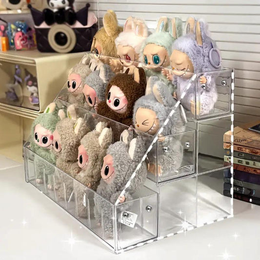Clear 3-tier acrylic display shelf for Labubu dolls with plush bunnies on Tampa Home & Garden Store