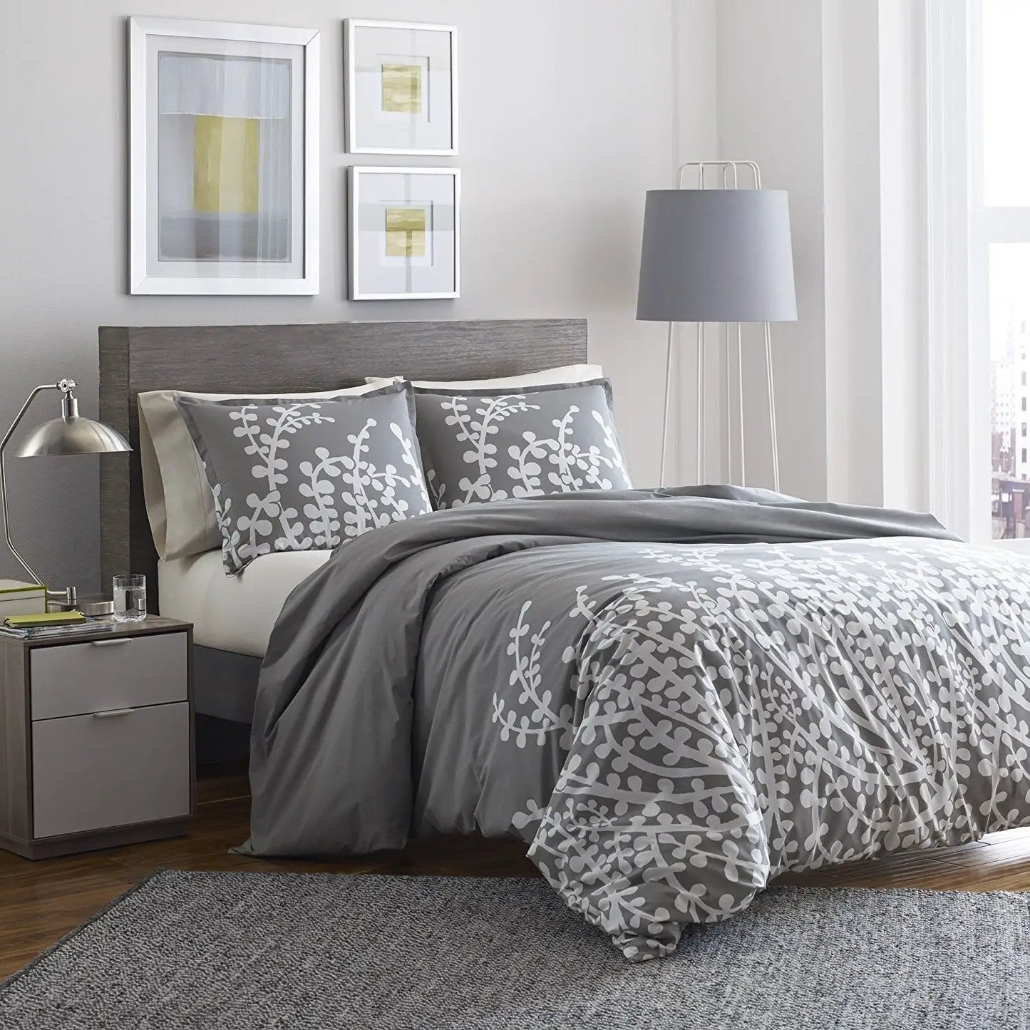 Full / Queen 100-percent Cotton Comforter Set with Grey White Floral Branch Pattern - Tampa Home & Garden Store