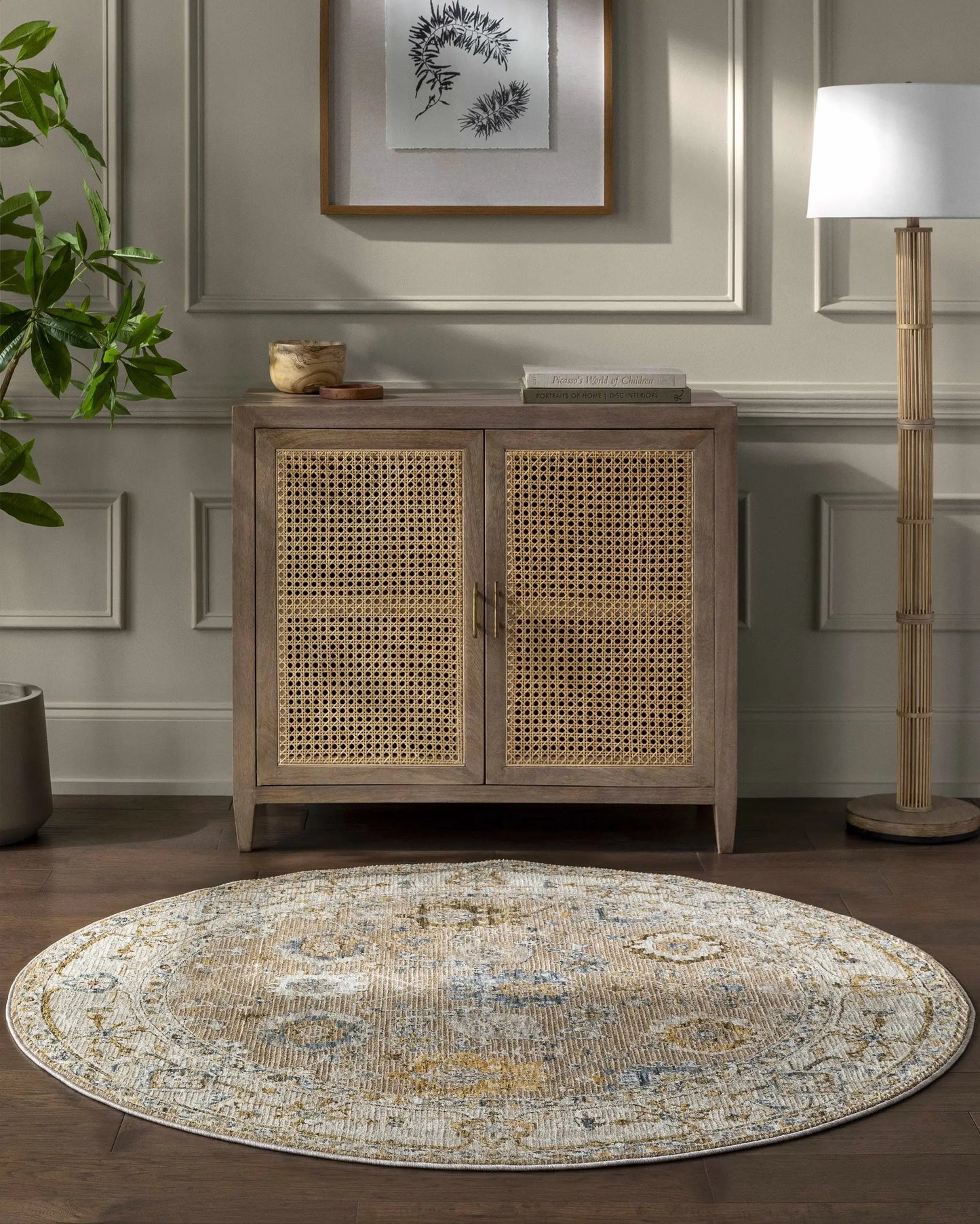 Cabinteely Luxe Oushak Rug round cream mustard denim with blue accents Boutique Rugs on Tampa Home & Garden Store