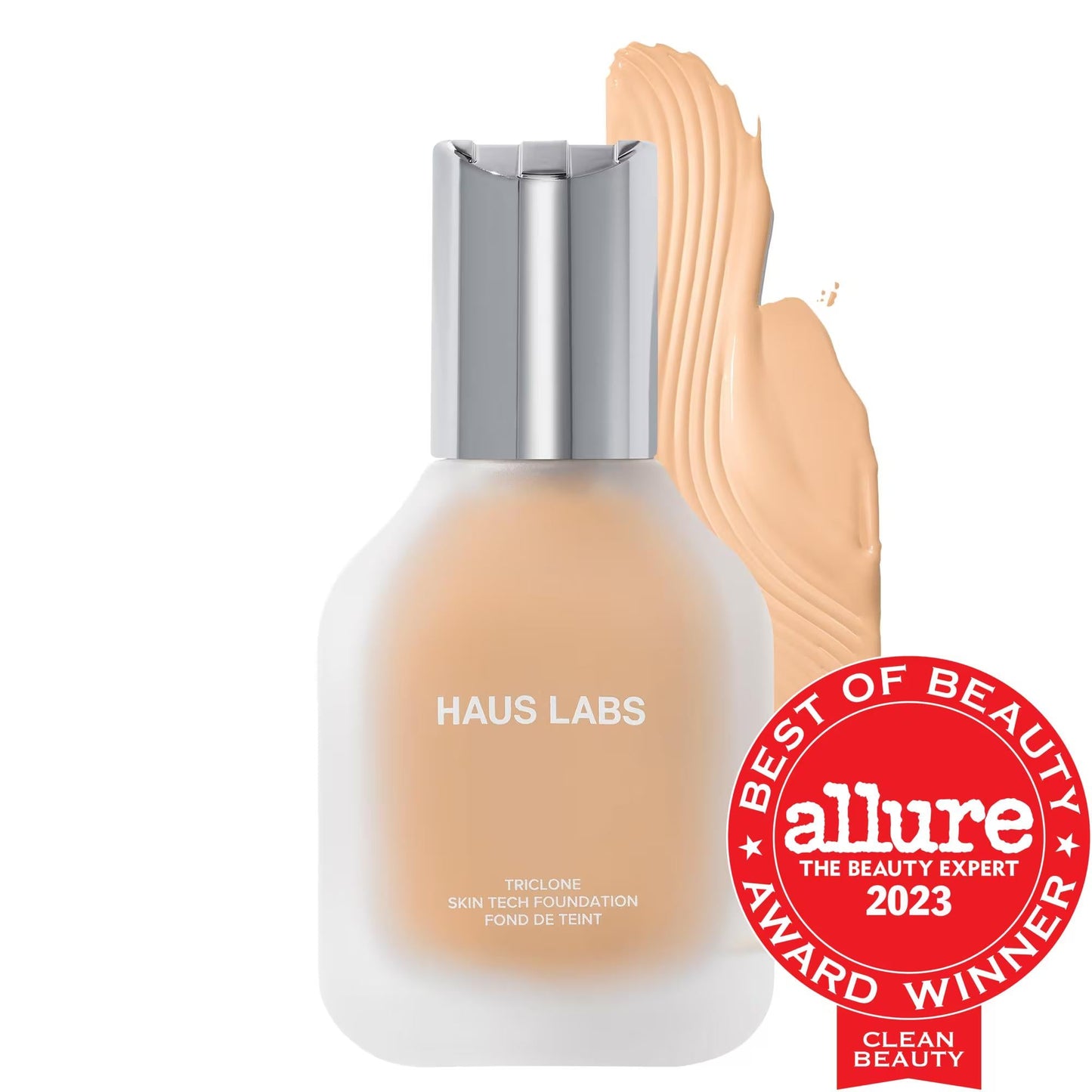Foundation bottle with silver cap and beige swatch, Haus Labs Triclone foundation on Tampa Home & Garden Store