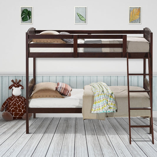 Twin over Twin Wooden Bunk Bed with Ladder in Dark Brown Finish - Tampa Home & Garden Store