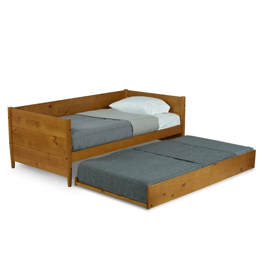 Twin-size solid wood daybed with roll-out trundle in medium brown finish, 2 beds on Tampa Home & Garden Store