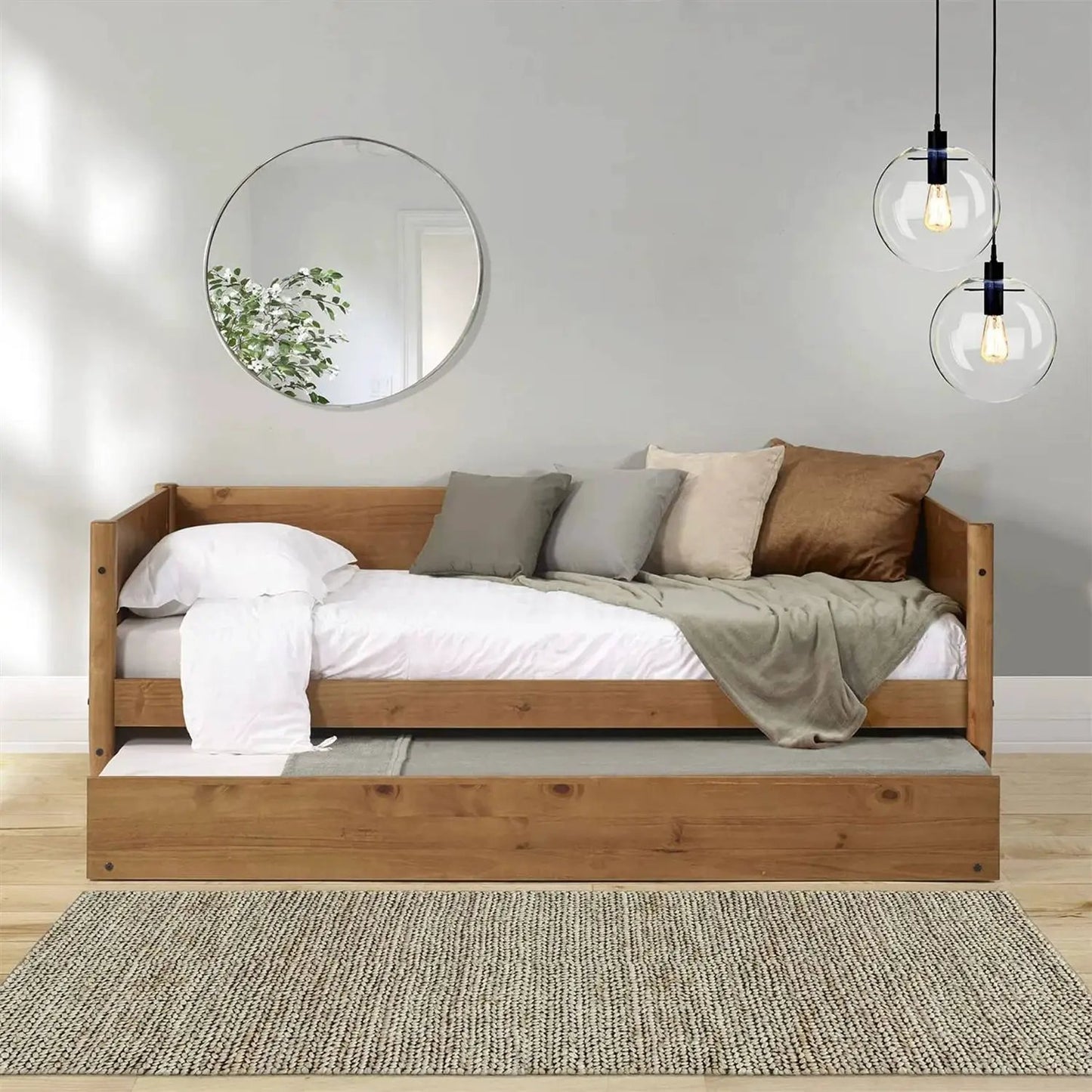 Twin size solid wood daybed with roll-out trundle in medium brown finish on Tampa Home & Garden Store