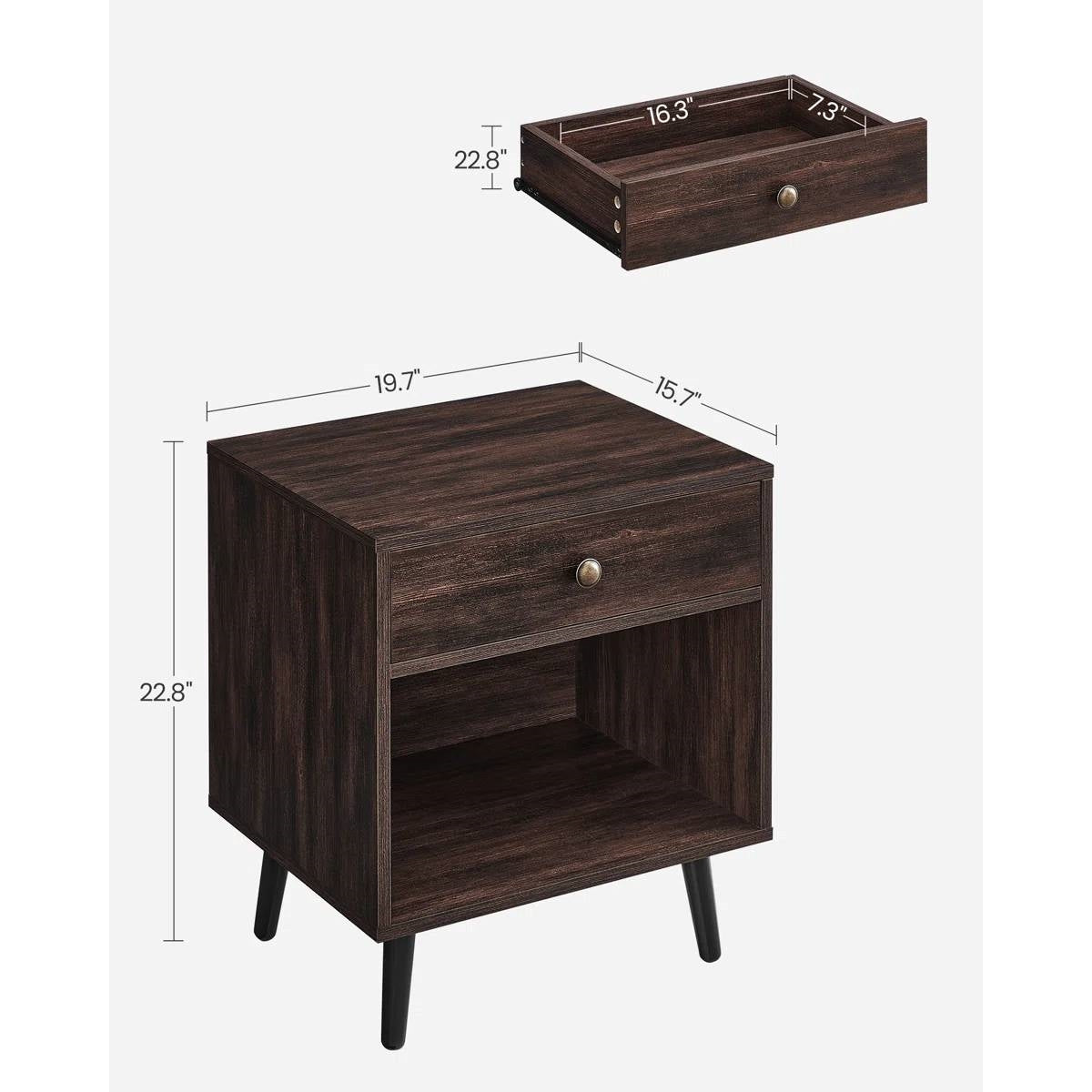 Mesa auxiliar de noche con 1 cajón de estilo moderno de mediados de siglo en acabado de madera marrón oscuro