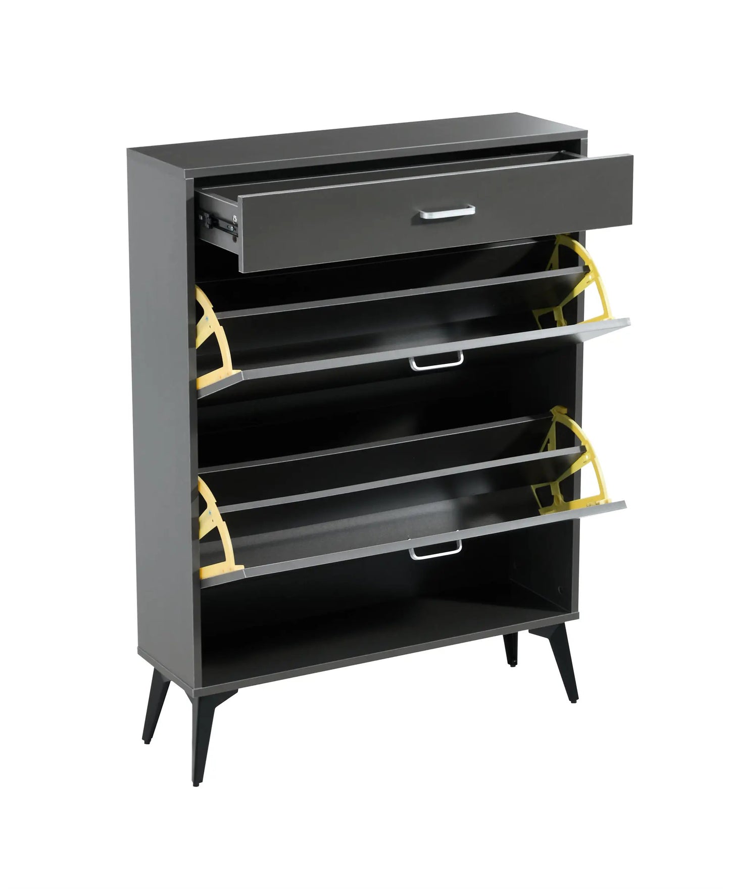 Grey shoe cabinet with top drawer and open slatted shelves on angled legs VIP Digital Presence on Tampa Home & Garden Store