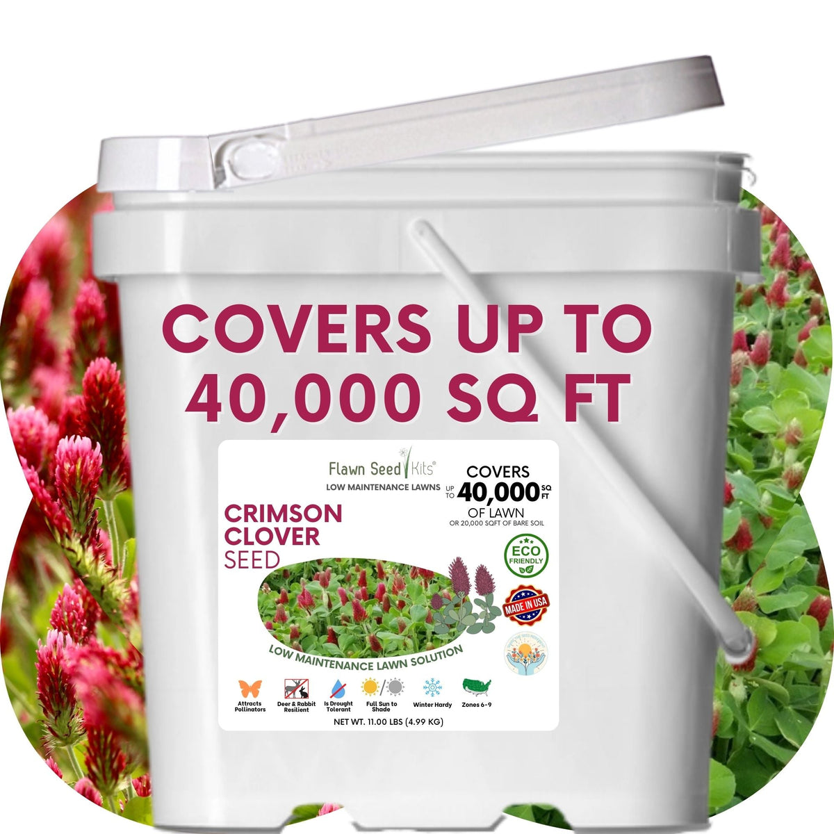Crimson Clover Seed bucket by Flawn Seed Kits, white plastic seed container with product label on Tampa Home & Garden Store