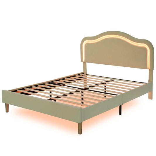 Full Size Velvet Upholstered Smart LED Bed Frame with pale green headboard and LED glow on Tampa Home & Garden Store