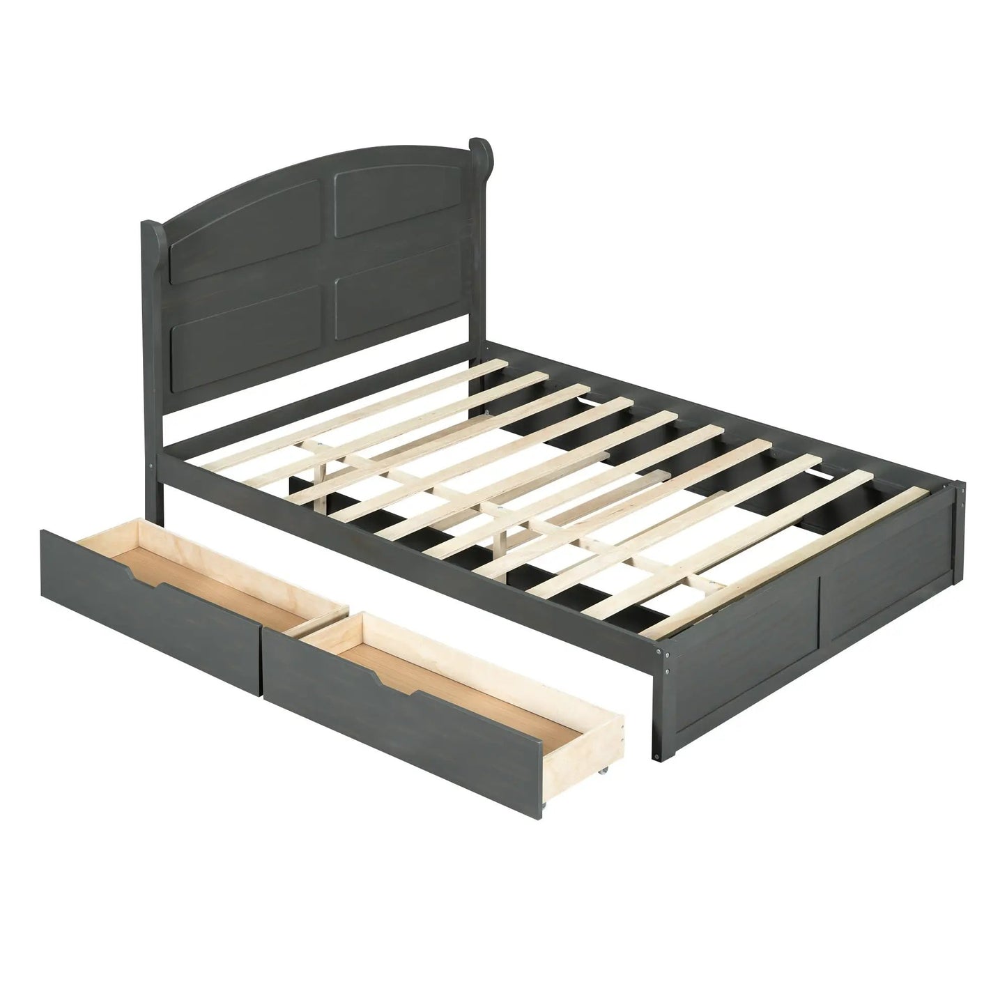 Wood queen platform bed with dark gray finish and twin trundle drawers on Tampa Home & Garden Store
