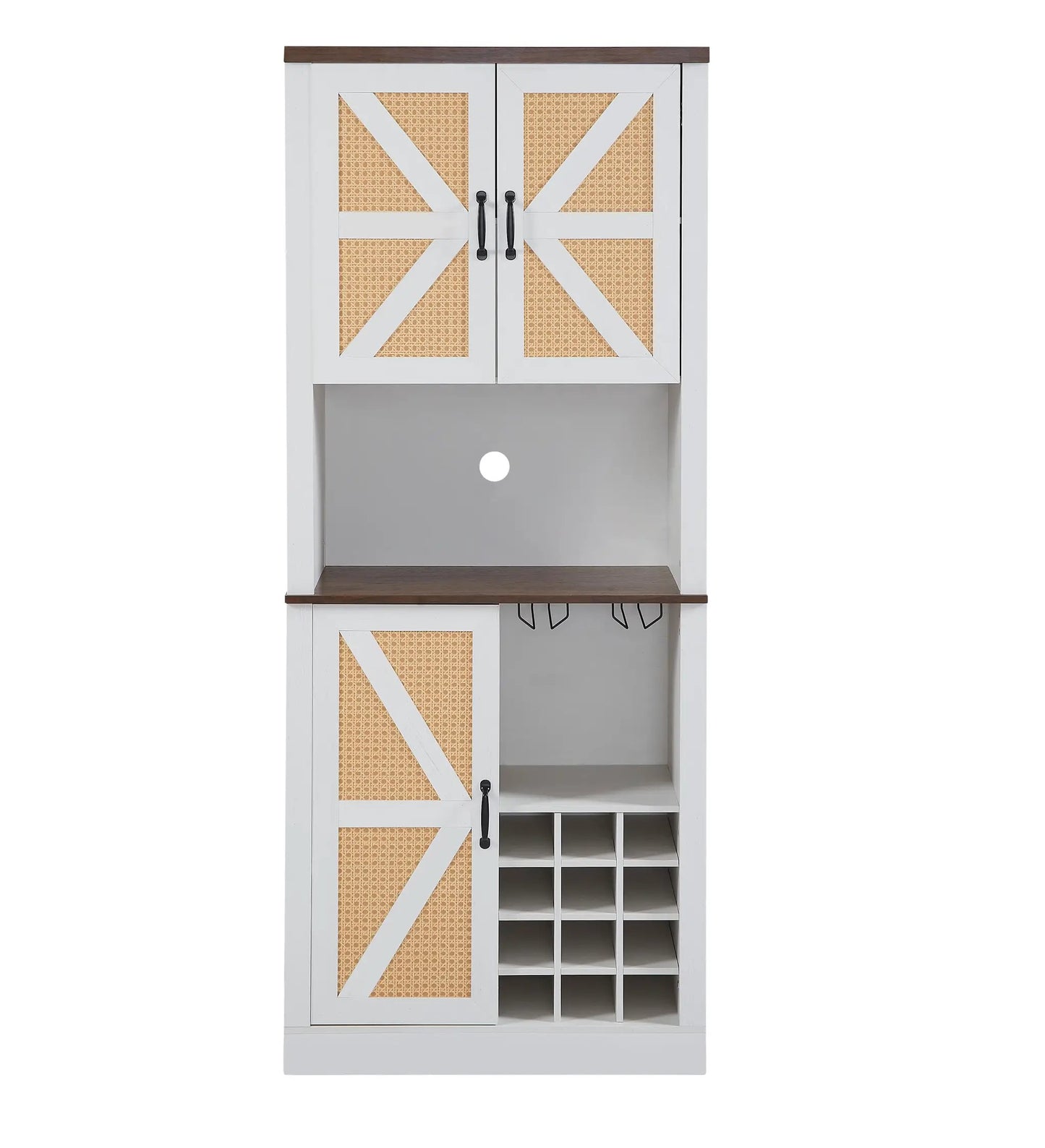 Farmhouse white wine cabinet with woven cane panel doors, diagonal trim, dark metal handles on Tampa Home & Garden Store