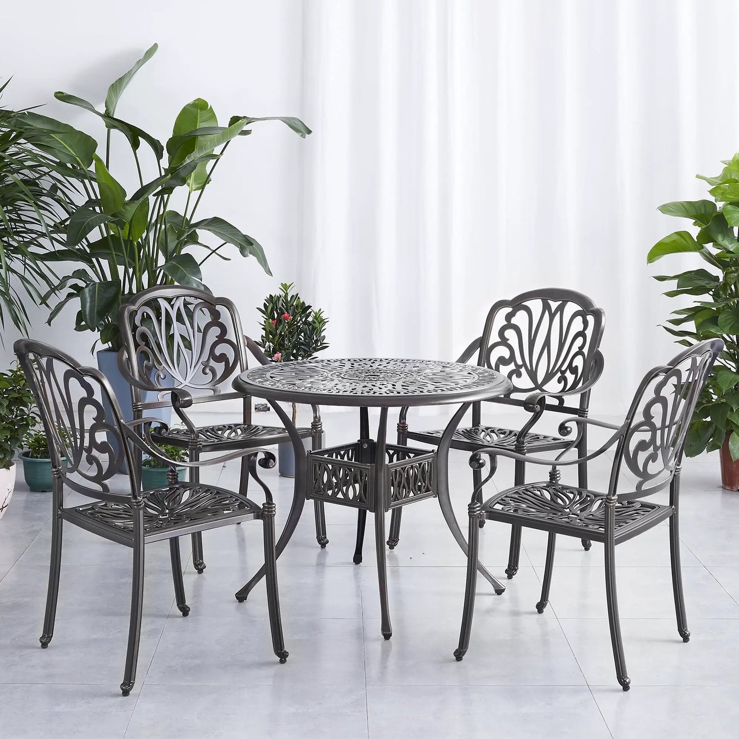 Juego de Muebles de Comedor para Exterior de 5 Piezas Muebles de Patio Incluye 1 Mesa Redonda y 4 Sillas con Agujero para Sombrilla