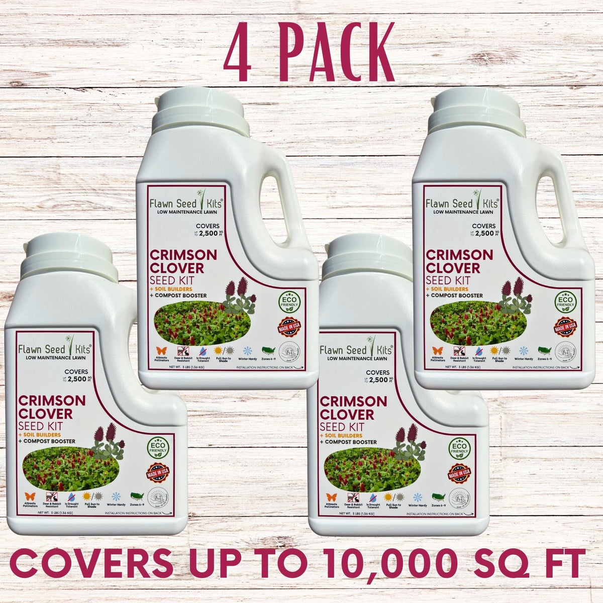 Crimson Clover Easy Spread Shaker seed kit by Flawn Seed Kits, 4-pack display on Tampa Home & Garden Store